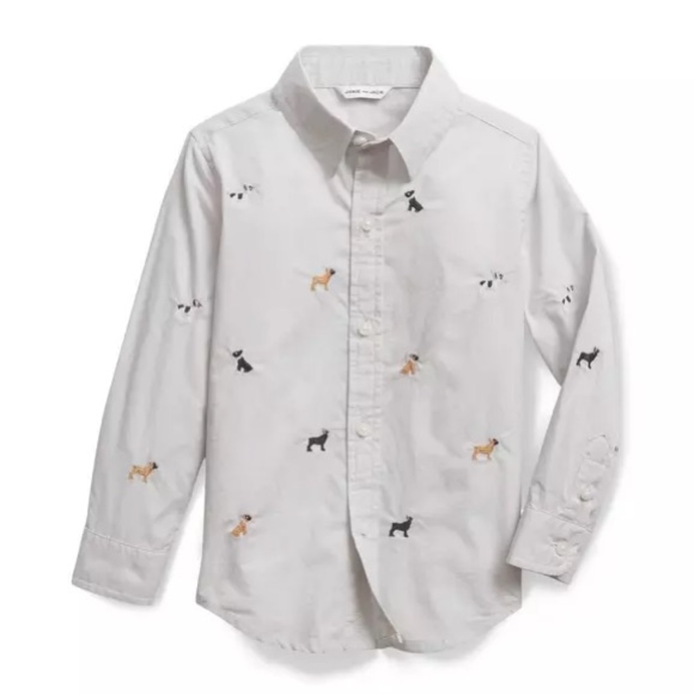 Janie And Jack Toddler Embroidered‎ Frenchie Dogs Gray Button Down Shirt Size 3T